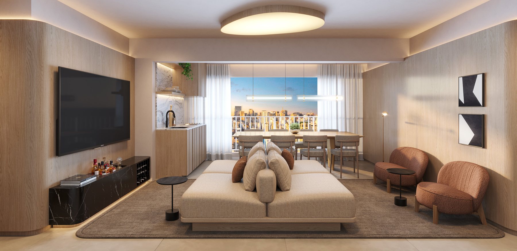 Living do apartamento de 75m² decorado